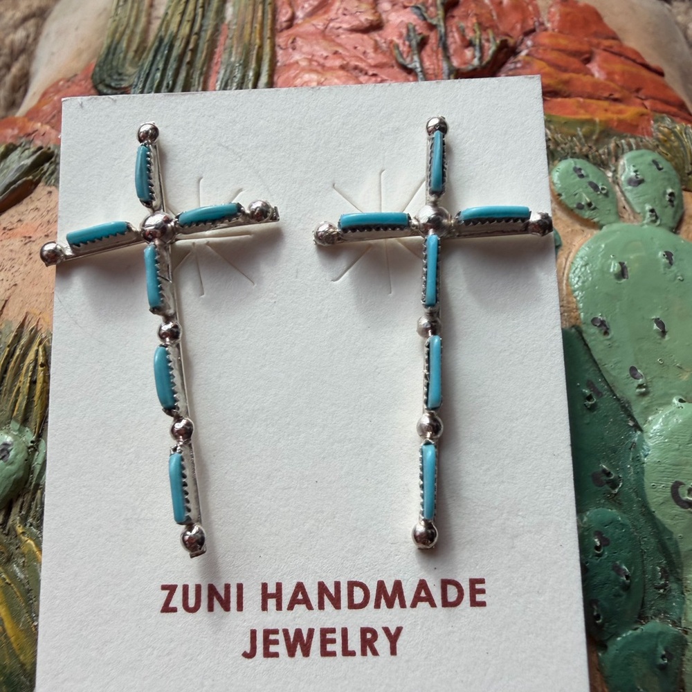 Zuni Handmade Sterling Silver and Turquoise Cross Earrings